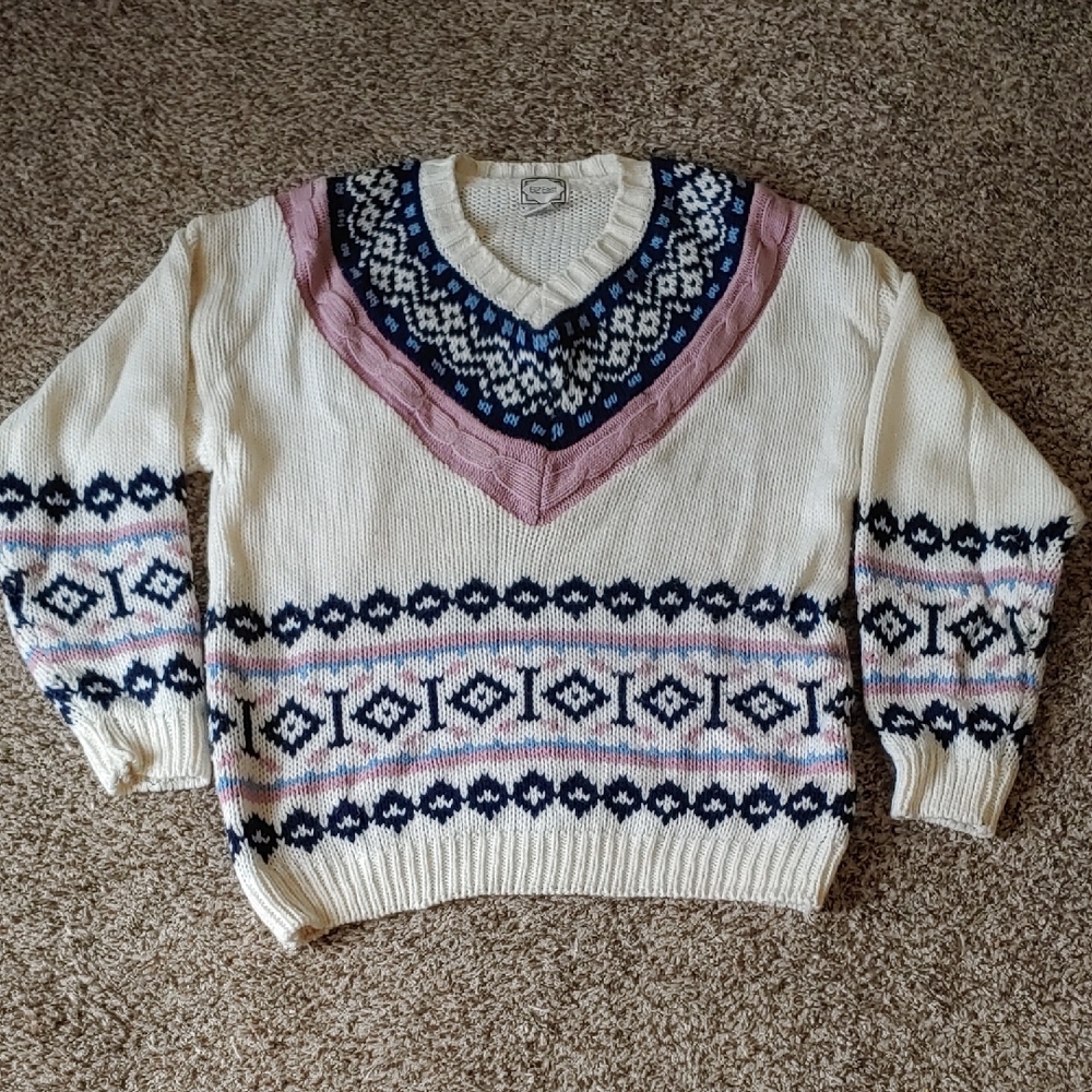 VTG Fair Isle Sweater Women's Cream Norway Pattern Knit Size M